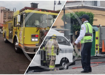 Bomberos de Morelia atienden fuga de combustible en combi de la Ruta Gris 2 en Centro Histórico