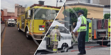 Bomberos de Morelia atienden fuga de combustible en combi de la Ruta Gris 2 en Centro Histórico