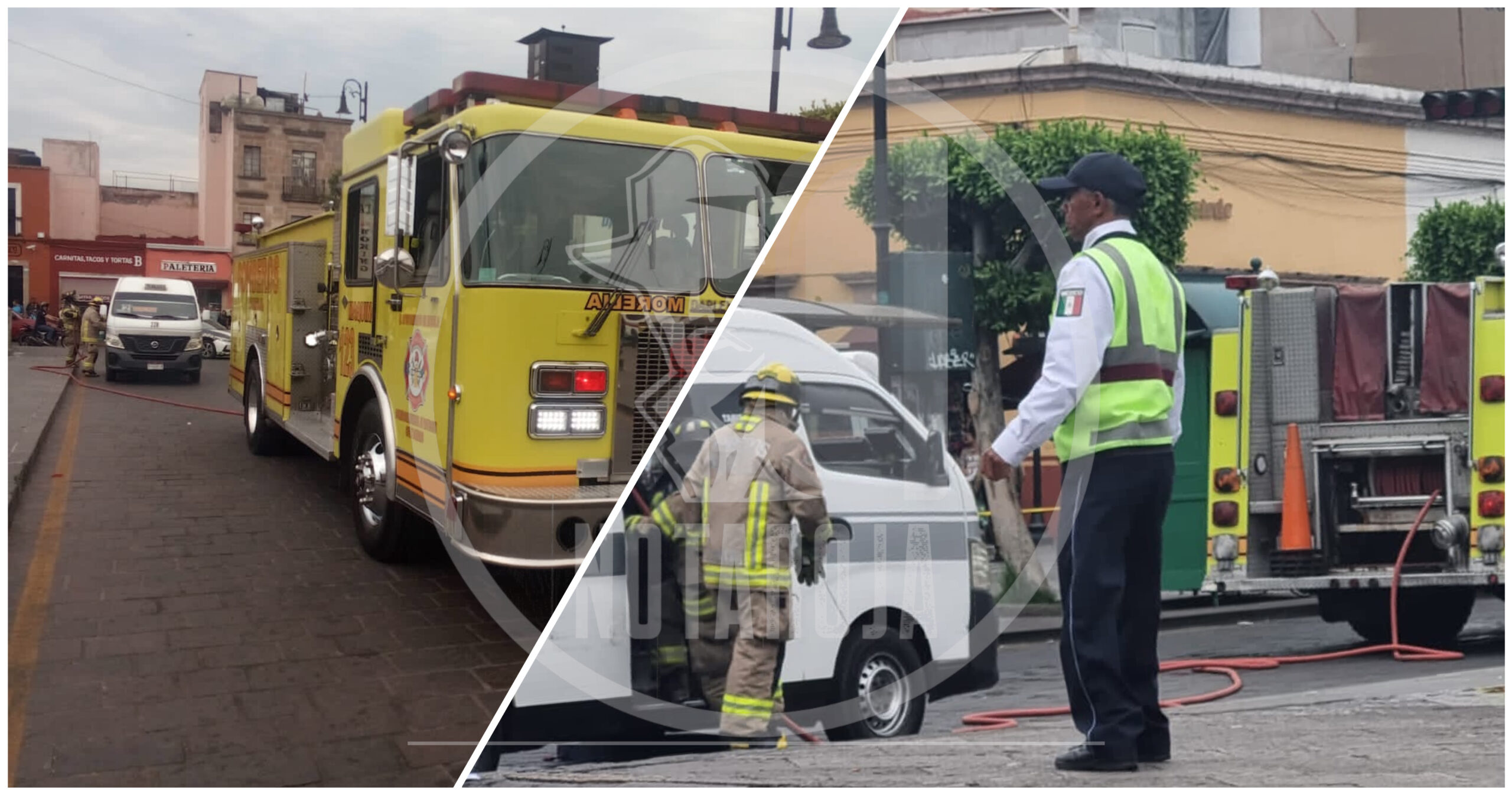 Bomberos de Morelia atienden fuga de combustible en combi de la Ruta Gris 2 en Centro Histórico