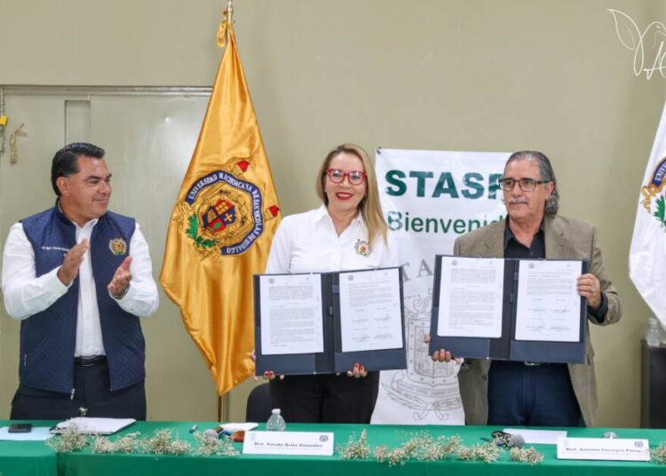 HISTÓRICA ALIANZA ENTRE UMSNH Y STASPE; YARABÍ ÁVILA Y ANTONIO FERREYRA SIGNAN CONVENIO DE COLABORACIÓN